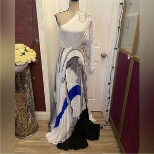 NWT Zeus + Dione Elegant One-Shoulder White and Blue Dress, S